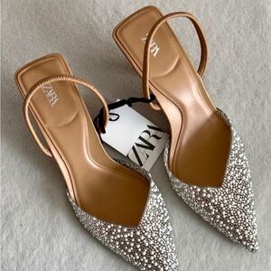 Zara Women's Silver and Tan Embellished Heels